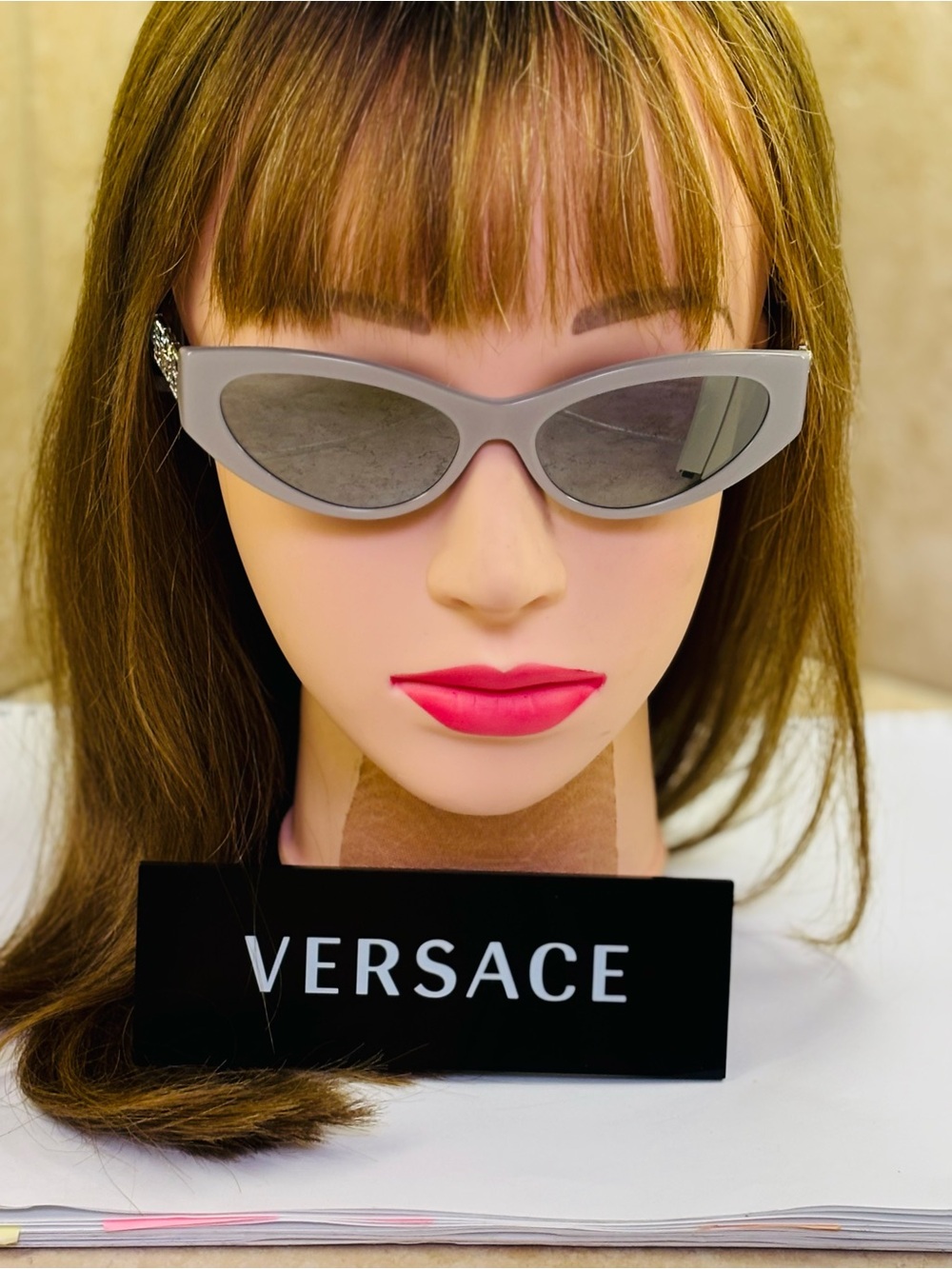 New Versace BE4470N 5474/1U Cat-Eye Sunglasses in Pearl Gray/Mirror lenses